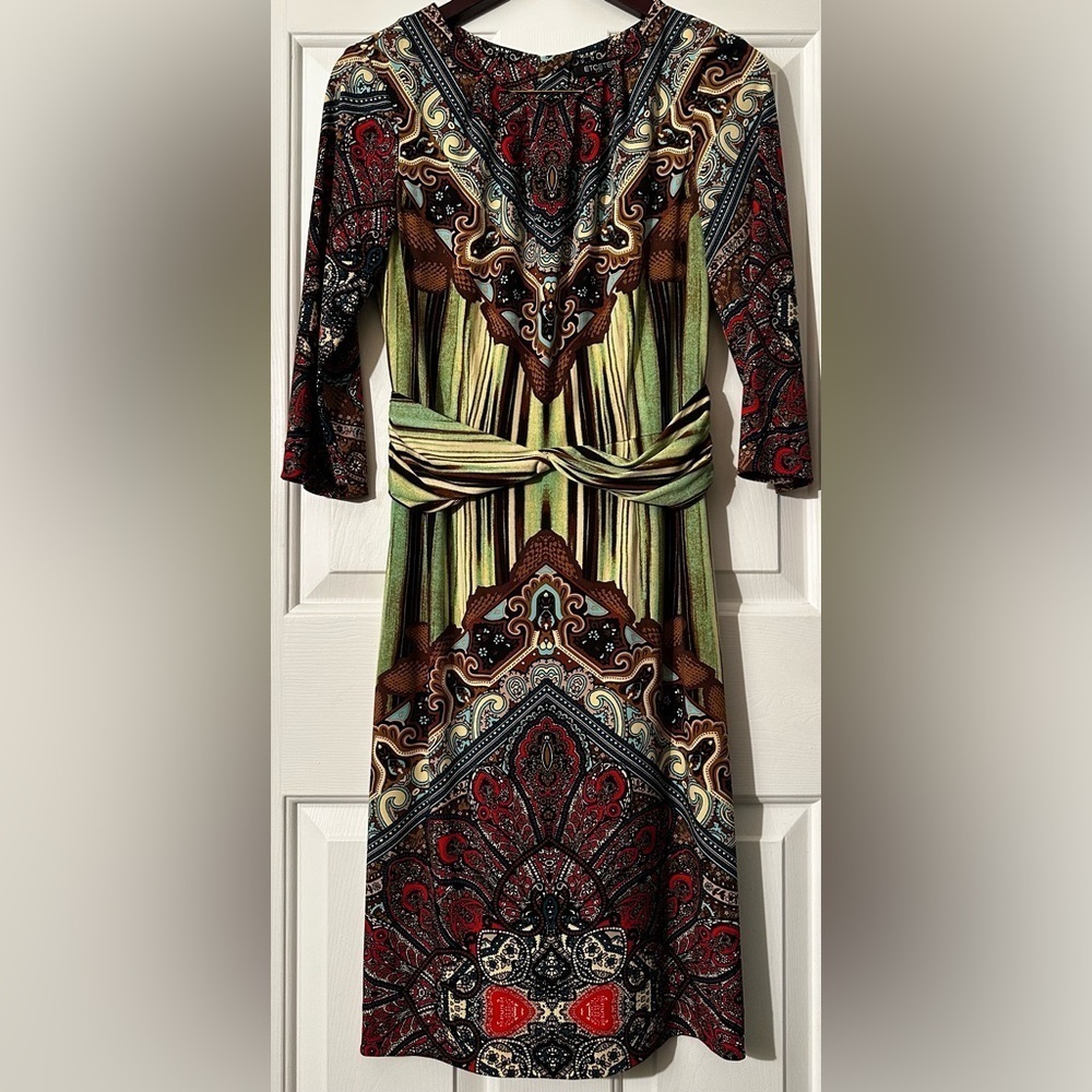 ETCETERA Size 4 Boho Panel Print Ruched Waist Pleated Neckline 3/4 Sleeve Scoop